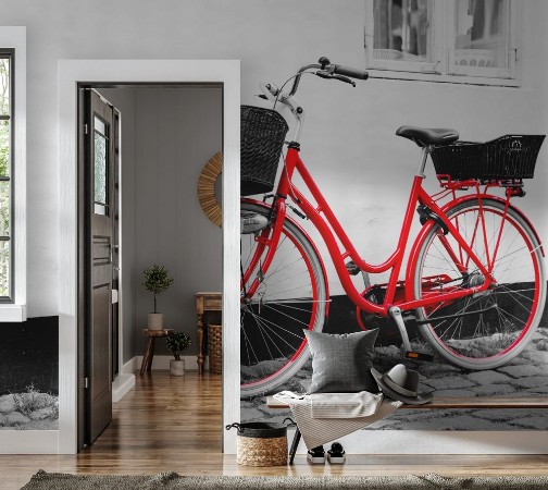 Image de Retro vintage red bicycle on cobblestone street in the old town