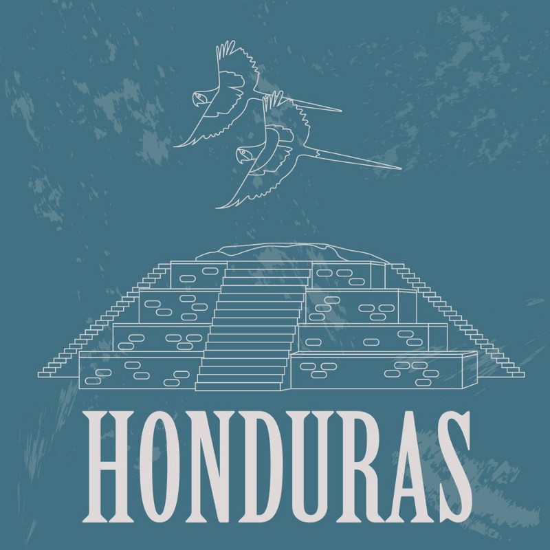 Afbeeldingen van Honduras landmarks Copan Ruinas ara parrot Retro styled image