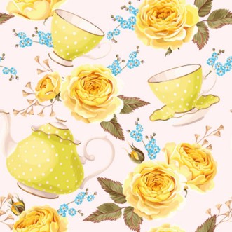Afbeeldingen van Seamless teapots cups and flowers