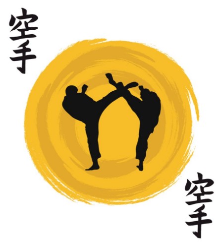 Picture of Hieroglyph of karate and men demonstrating karate 