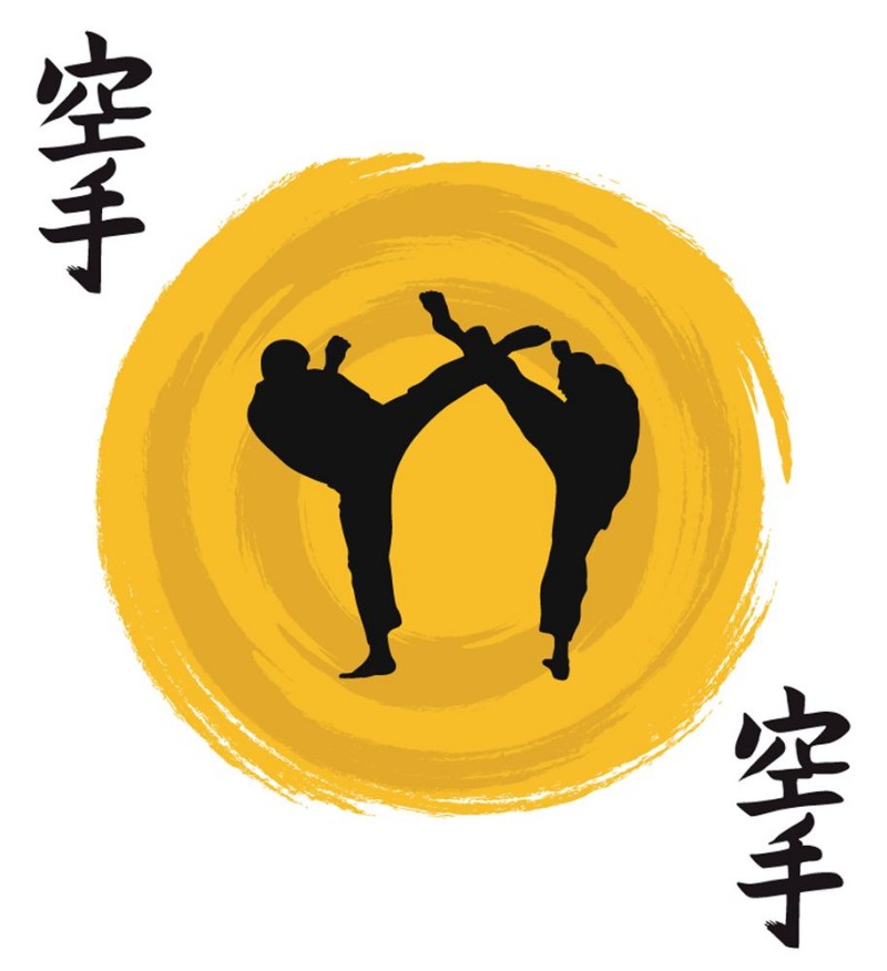 Afbeeldingen van Hieroglyph of karate and men demonstrating karate 
