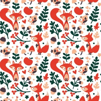 Picture of Seamless cute autumn pattern made with fox bird flower plant leaf berry heart friend floral nature acorn Rowan mushroom