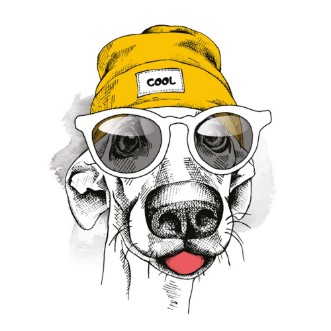 Afbeeldingen van Portrait of dog in a yellow Hipster hat and with glasses Vector illustration