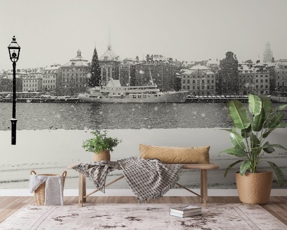 Bild på Stockholm city on a snowy winter day Black and white image