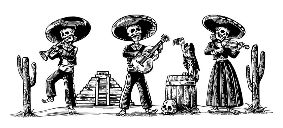 Afbeeldingen van Day of the Dead Dia de los Muertos The skeleton in the Mexican national costumes dance sing and play the guitar