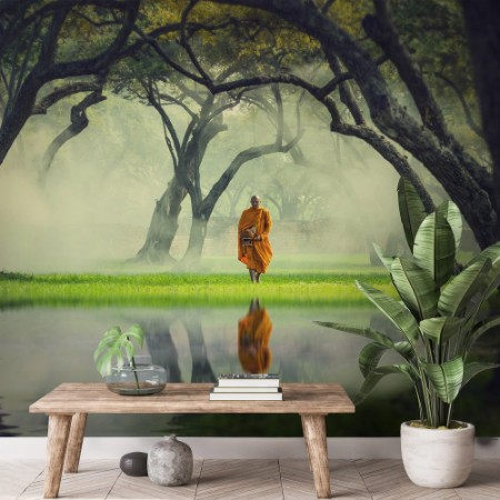 Image de Monk hike in deep forest reflection with lake Buddha Religion c