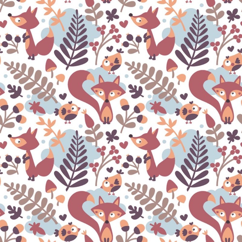 Picture of Seamless cute autumn pattern made with fox bird flower plant leaf berry heart friend floral nature acorn Rowan mushroom wild