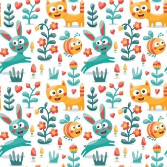 Bild på Seamless cute animal pattern made with cat hare rabbit bee flower plant leaf berry heart friend floral kitten