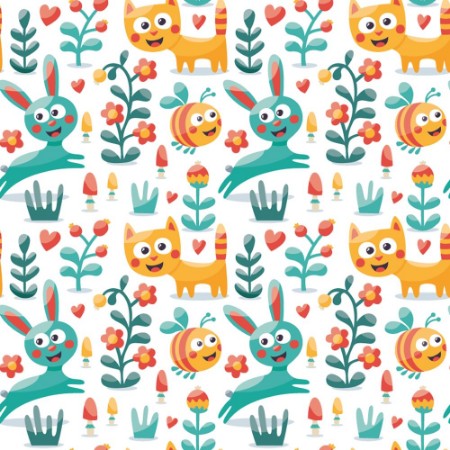 Image de Seamless cute animal pattern made with cat hare rabbit bee flower plant leaf berry heart friend floral kitten