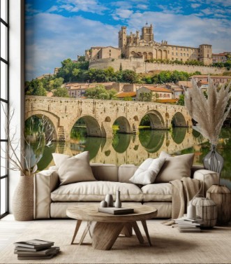 Picture of Panoramic view at the Old Bridge over Orb river with Cathedral of Saint Nazaire in Beziers - France