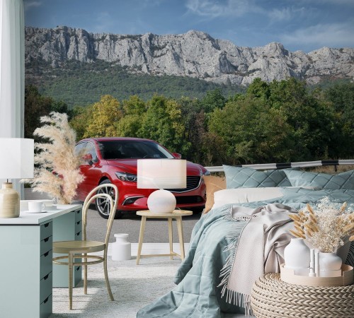 Image de Red car standing on the road near mountains at daytime