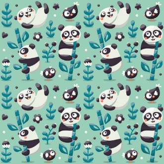 Picture of Seamless cute pattern with Panda and bamboo plants jungle bird berry flowers