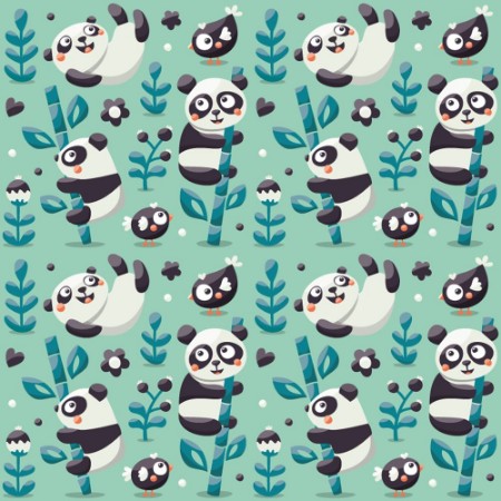 Afbeeldingen van Seamless cute pattern with Panda and bamboo plants jungle bird berry flowers