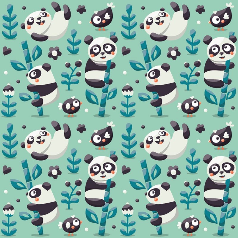 Bild på Seamless cute pattern with Panda and bamboo plants jungle bird berry flowers