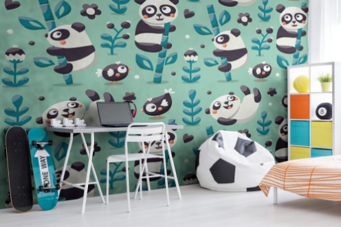 Bild på Seamless cute pattern with Panda and bamboo plants jungle bird berry flowers