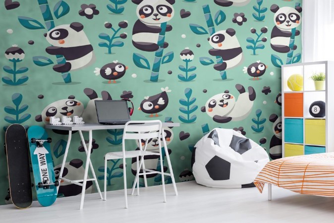 Afbeeldingen van Seamless cute pattern with Panda and bamboo plants jungle bird berry flowers