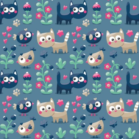 Picture of Seamless cute winter pattern made with cats flowers plants footmark hearts berries