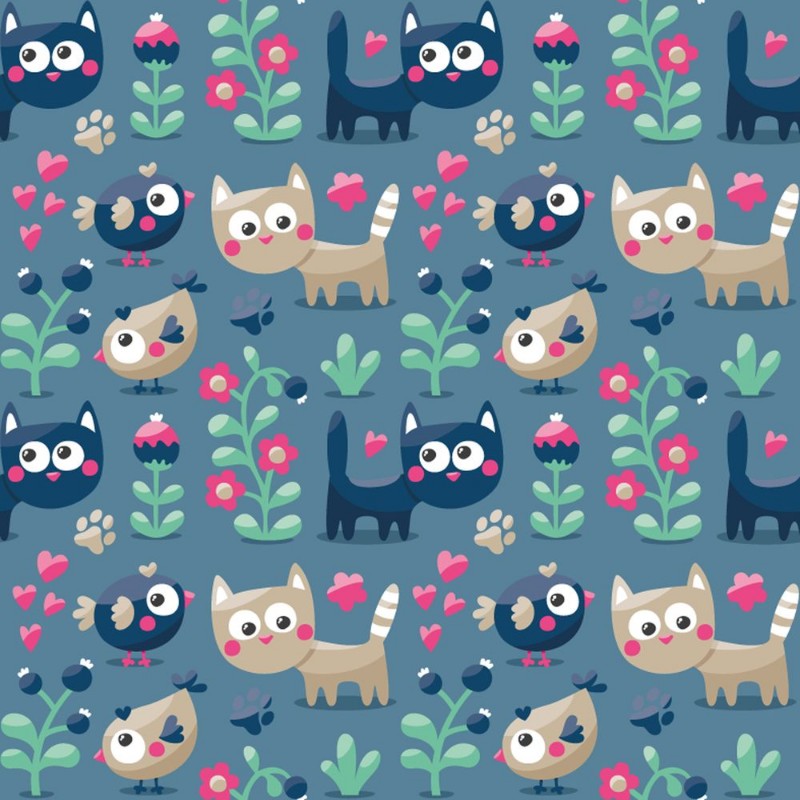 Image de Seamless cute winter pattern made with cats flowers plants footmark hearts berries
