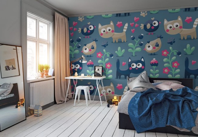 Picture of Seamless cute winter pattern made with cats flowers plants footmark hearts berries