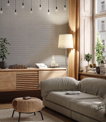 Bild på Painted brick wall and wooden floor with glowing light bulbs 3D rendering