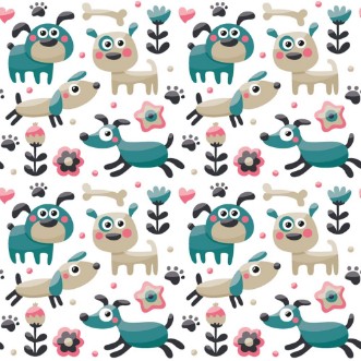 Image de Seamless cute pattern made with dog birds flowers paw trace plants berries