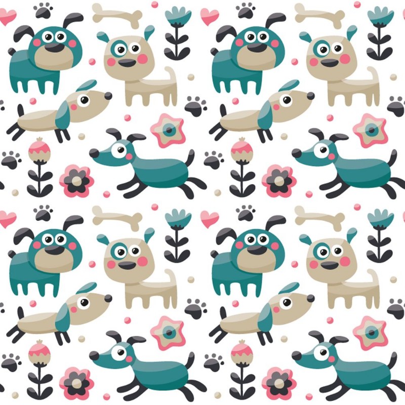 Image de Seamless cute pattern made with dog birds flowers paw trace plants berries