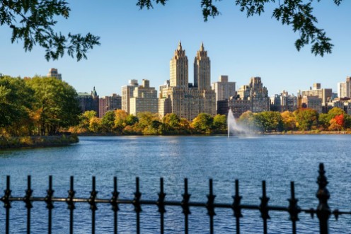 Picture of Manhattan Upper West Side with colorful fall foliage and fountain across Jacqueline Kennedy Onassis Reservoir Central Park West  New York City