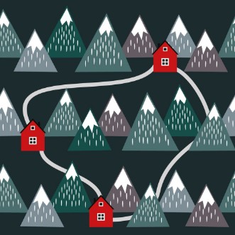 Bild på Cute Icelandic landscape with houses and mountains Seamless pattern with geometric snowy mountains and homes Colorful Iceland nature illustration Vector mountains background
