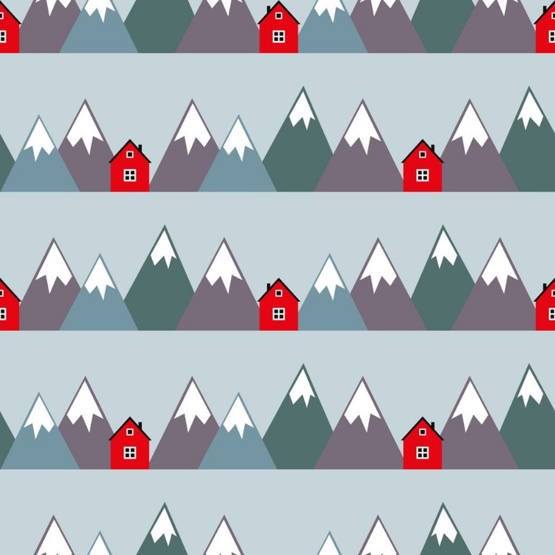 Afbeeldingen van Nordic landscape with red houses and mountains Seamless pattern with geometric snowy mountains and homes Colorful scandinavian nature illustration Vector mountains background