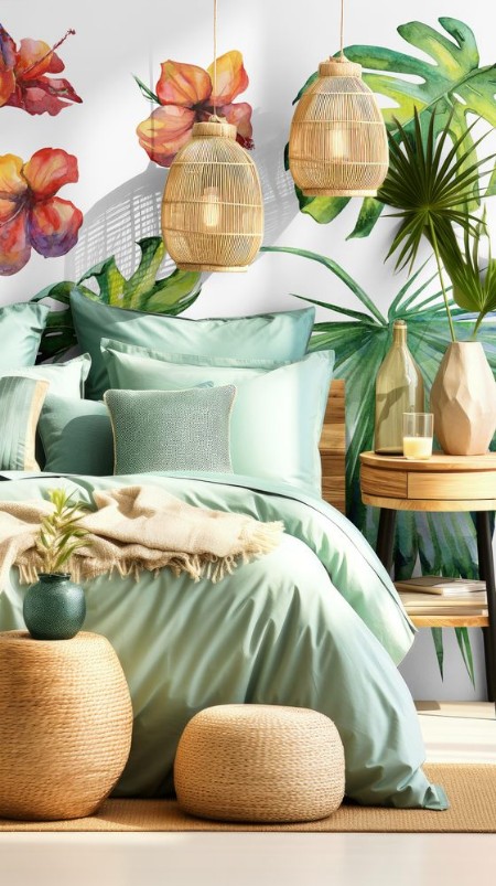 Bild på Watercolor illustration set of tropical leaves dense jungle Hand painted Banner with tropic summertime motif may be used as background texture wrapping paper textile or wallpaper design