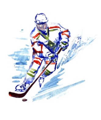 Image de Hockey player with stick and puck isolated  hand painted watercolor illustration 
