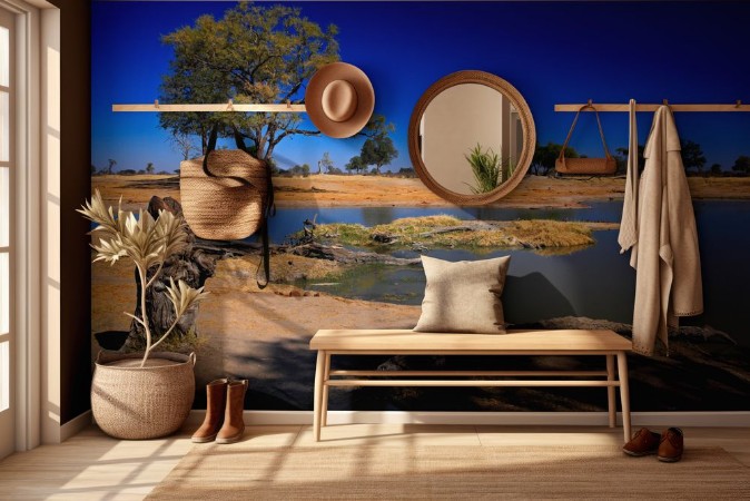 Picture of Water hole in Africa Tipical African ladscape with dark blue sky Water lake in Botswana Trees with pond