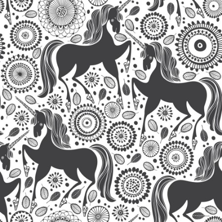 Afbeeldingen van Fairytale pattern with unicorns on a floral background Black and white vector illustration
