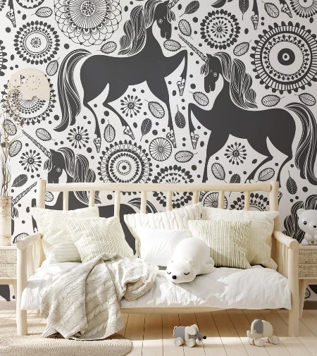 Picture of Fairytale pattern with unicorns on a floral background Black and white vector illustration