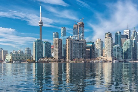 Picture of Skyline of Toronto with CN Tower over Ontario Lake Canada