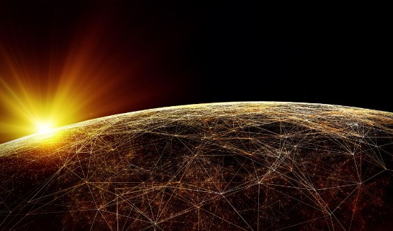 Afbeeldingen van Global International Connectivity BackgroundConnection lines Around Earth Globe Futuristic Technology  Theme Background with Light Effect 3d illustration