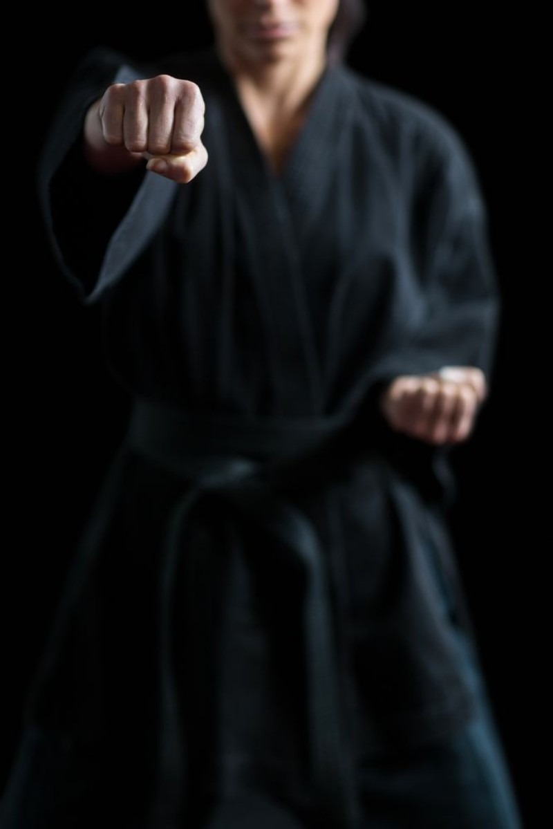 Afbeeldingen van Female karate player performing karate stance