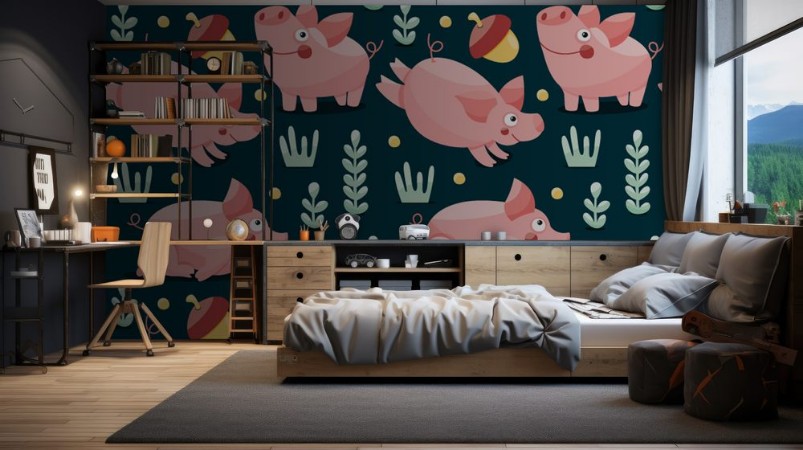 Picture of Seamless pattern with pigs plants and acorn