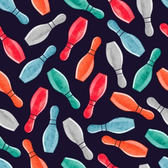 Bild på Seamless pattern with colorful watercolor bowling pins on dark Vector bowling background