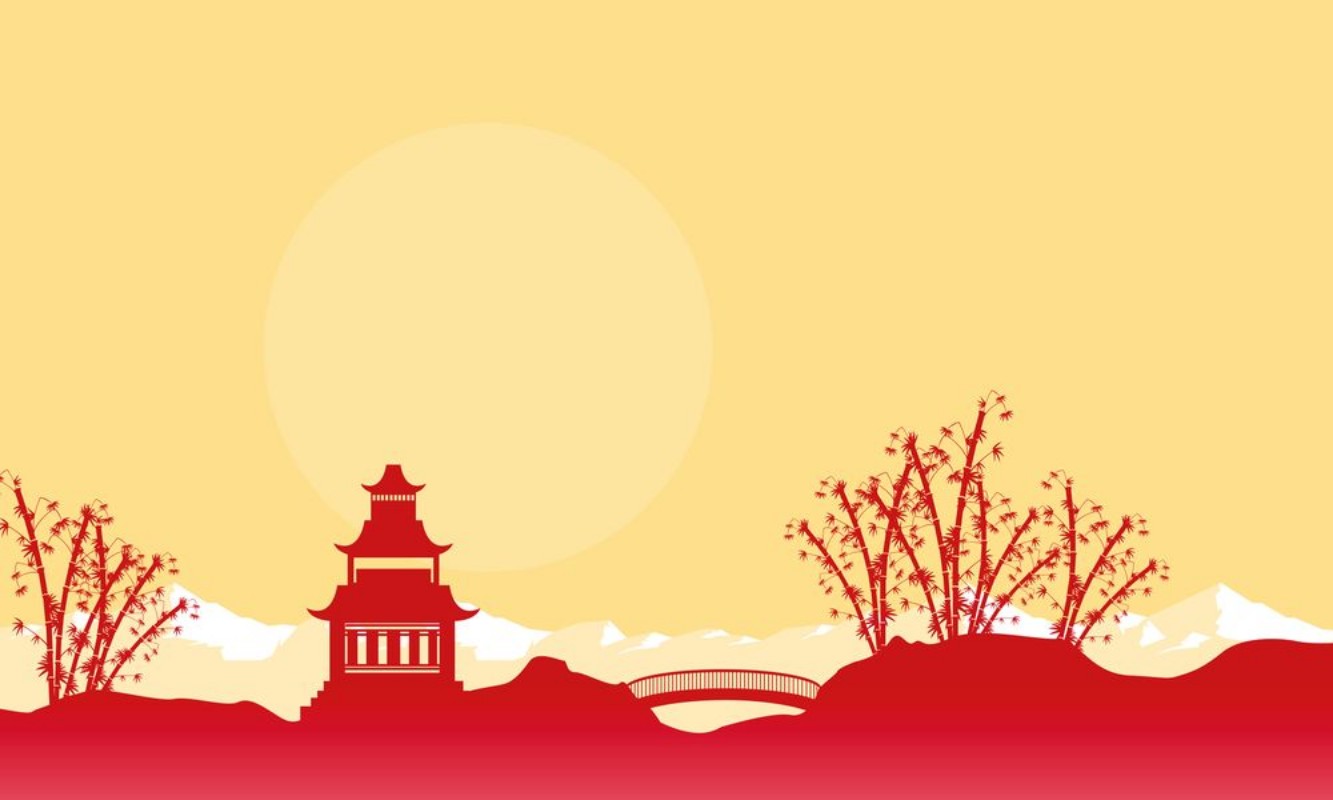 Afbeeldingen van Silhouette of bridge and pavilion landscape Chinese New Year