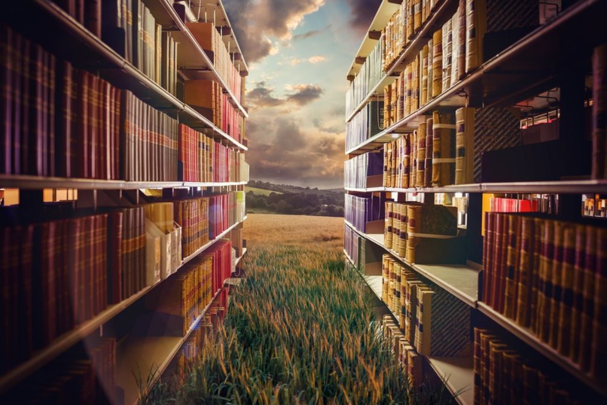 Afbeeldingen van Composite image of close up of a bookshelf 3d