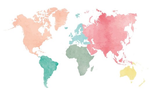 Afbeeldingen van Map of the continental world in watercolor in six different colors