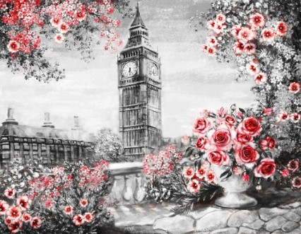 Bild på Oil Painting summer in London gentle city landscape flower rose and leaf View from above balcony Big Ben England wallpaper watercolor modern art Red black and white