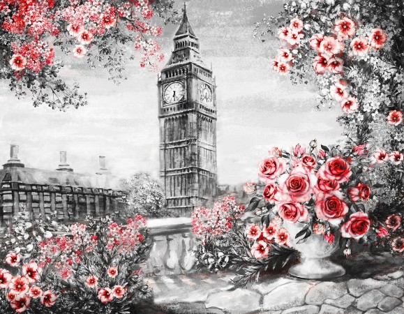 Afbeeldingen van Oil Painting summer in London gentle city landscape flower rose and leaf View from above balcony Big Ben England wallpaper watercolor modern art Red black and white