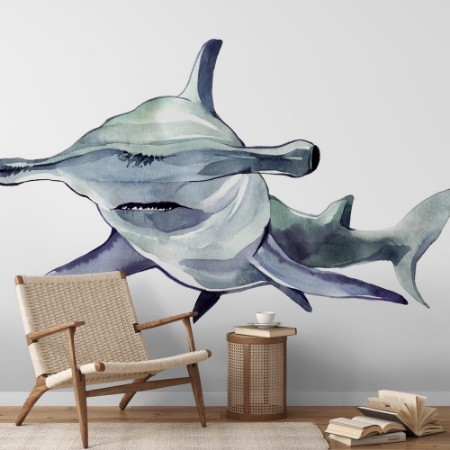 Afbeeldingen van Watercolor hammerhead shark Illustration isolated on white background For design prints background t-shirt