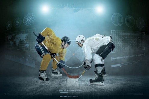 Afbeeldingen van Ice hockey player on the ice around modern light