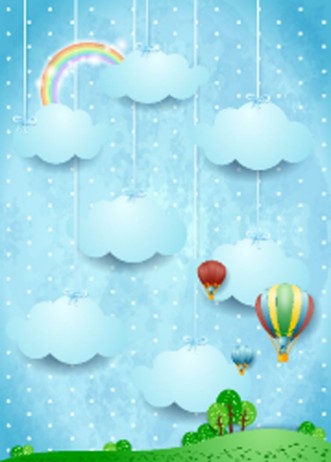 Picture of Surreal landscape with hot air balloons and hanging clouds