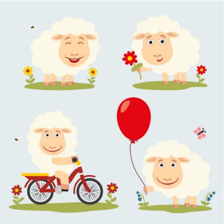 Afbeeldingen van Vector set funny sheep plays on meadow Collection isolated sheep on bicycle with balloon and flower in cartoon style