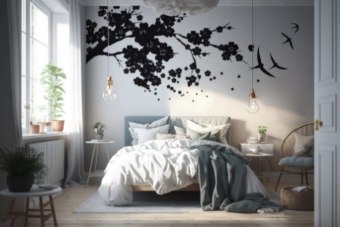 Bild på Black silhoueteflowers tree  on a white