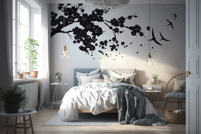 Bild på Black silhoueteflowers tree  on a white